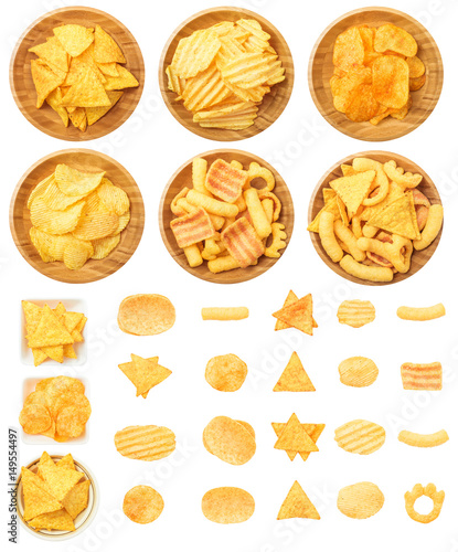 Chips, Tortilla, and Corn Puffs Isolated on White Background