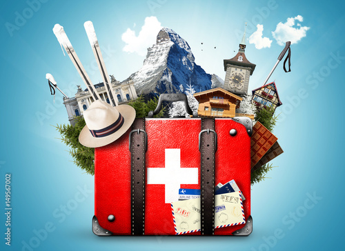 Switzerland, retro suitcase with the sights of Switzerland photo