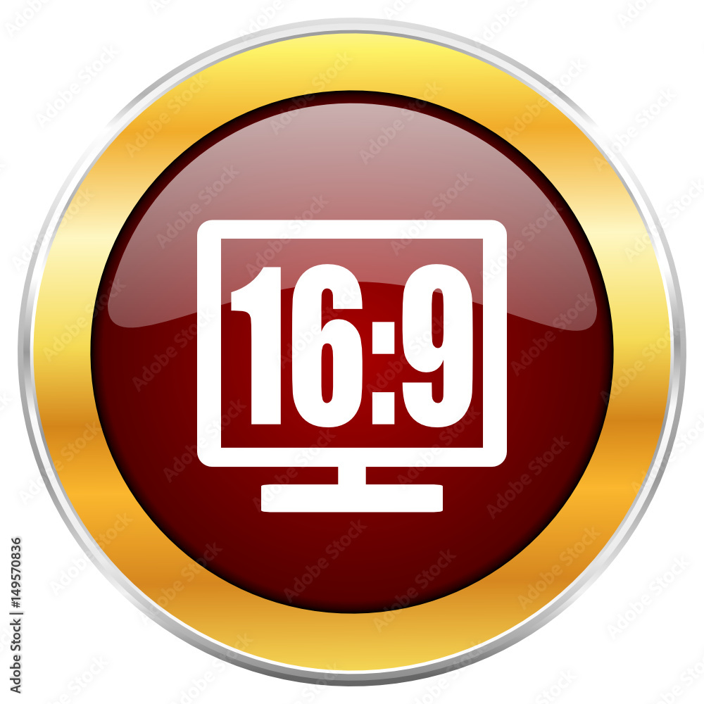16 9 display red vector glossy round icon with golden chrome metallic border isolated on white background for web and mobile apps designers. 16 9 display red vector glossy round icon with golden chrome metallic border isolated on white background for web and mobile apps designers.