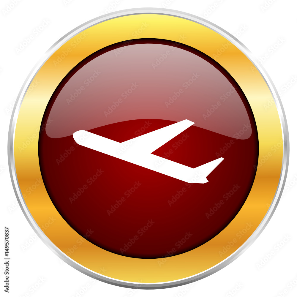 Plane red vector glossy round icon with golden chrome metallic border isolated on white background for web and mobile apps designers. Plane red vector glossy round icon with golden chrome metallic border isolated on white background for web and mobile apps designers.