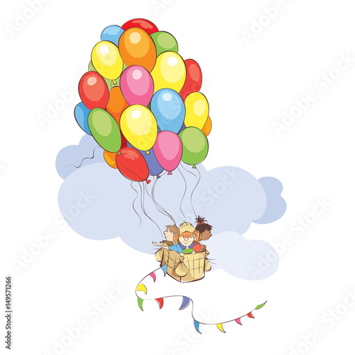 Bright travel / Vector illustration, Children travel in a Hot Air Balloon made of colored balloons flying in the sky