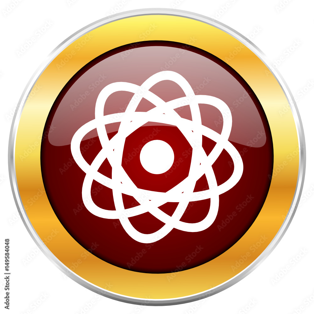 Atom red vector icon with golden border isolated on white background. Atom red vector icon with golden border isolated on white background.