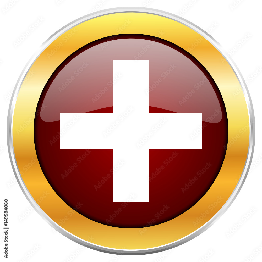 Plus red vector icon with golden border isolated on white background. Plus red vector icon with golden border isolated on white background.