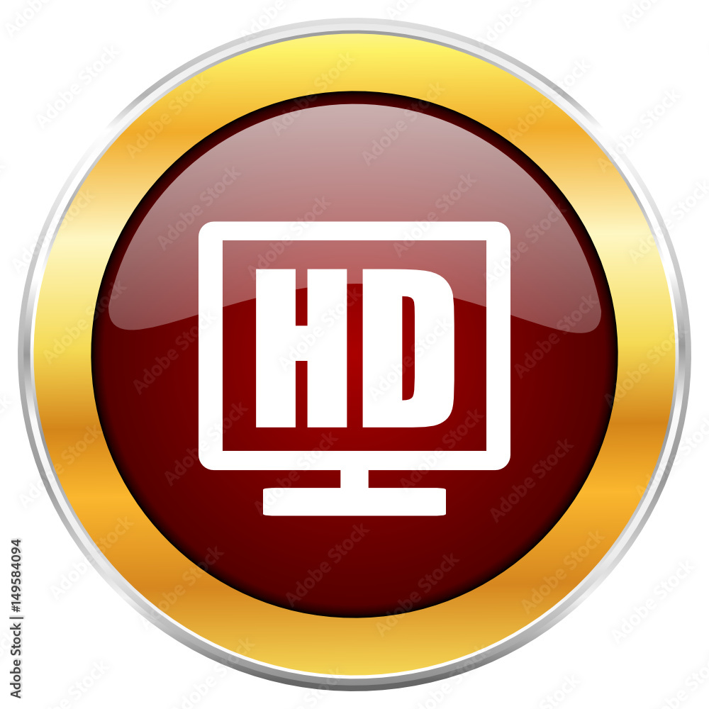 Hd display red vector icon with golden border isolated on white background. Hd display red vector icon with golden border isolated on white background.