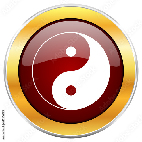 Ying yang red vector icon with golden border isolated on white background.