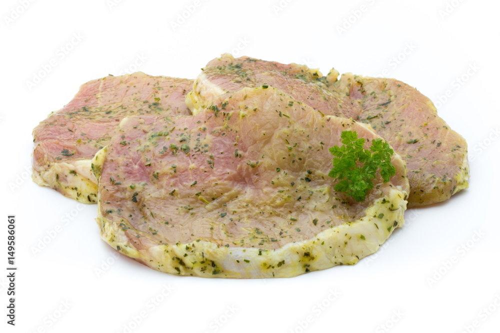 Pork chop, marinated. Isolated on the white background. Pork chop, marinated. Isolated on the white background.