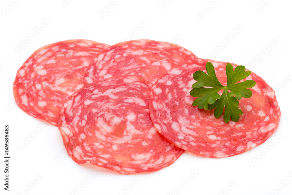 Salami smoked sausage slices isolated on white background cutout. Salami smoked sausage slices isolated on white background cutout.