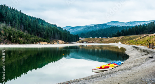 beautiful panoramic view on mountain lake and Carpathian mountains, Ukraine