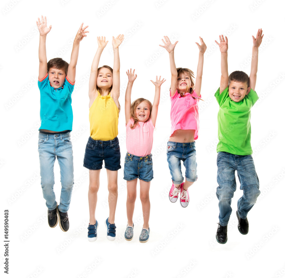 beautiful children in colorful clothes jumping together with hands up isolated on white background beautiful children in colorful clothes jumping together with hands up isolated on white background