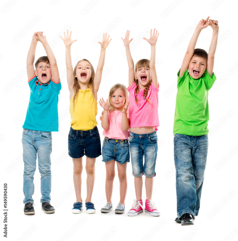 joyful laughing children with hands up in colorful clothes isolated on white background joyful laughing children with hands up in colorful clothes isolated on white background