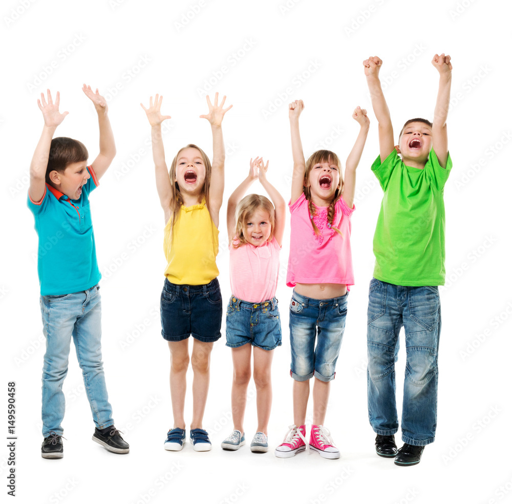 joyful laughing children with hands up in colorful clothes isolated on white background joyful laughing children with hands up in colorful clothes isolated on white background
