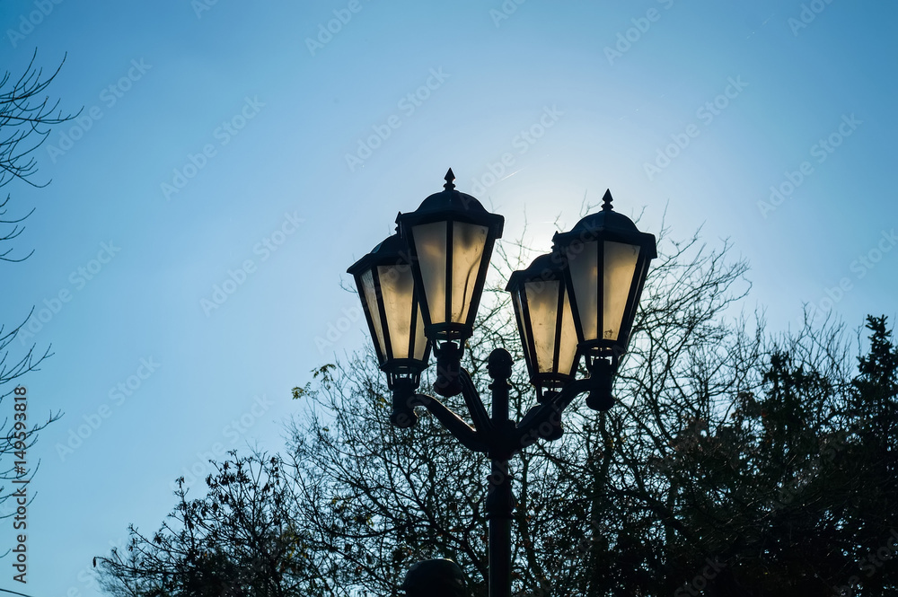 Black street lamp against a blue evening sky