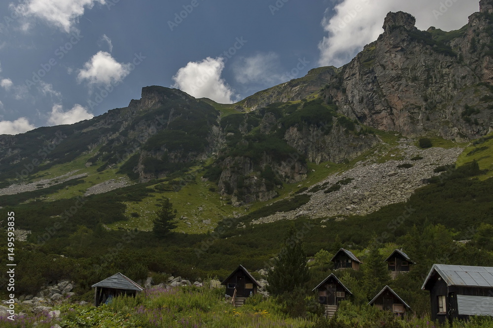 View of old wood rest-house, bivouac or bungalow by rest-house Maliovitza on the ecological walk toward Maliovitza peak in Rila mountain, Bulgaria