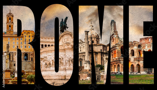 Photography Word Rome with famous roman sights isolated on a white background