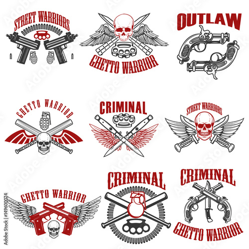 Outlaw, criminal, street warrior emblems. Design element for logo, label, sign. Vector illustration