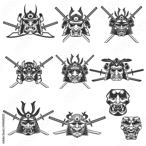 Set of samurai masks and helmets with swords on white background. Design elements for logo, label, emblem, sign. Vector illustration