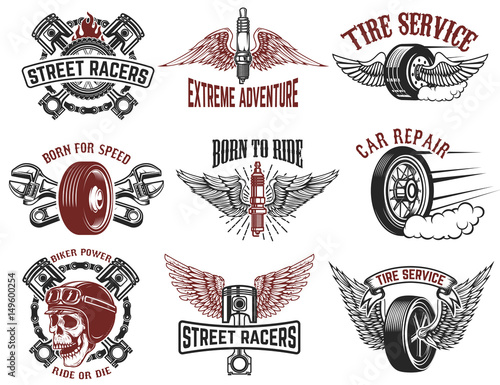 Set of tire service, car repair labels. Pistons, car wheels, repair tools. Design elements for logo, emblem, sign. Vector illustration