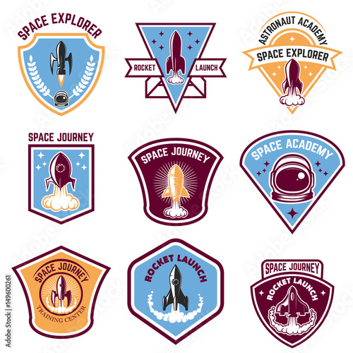 Space camp emblems. Rocket launch, astronaut academy. Design elements for logo, label, emblem, sign. Vector illustration.