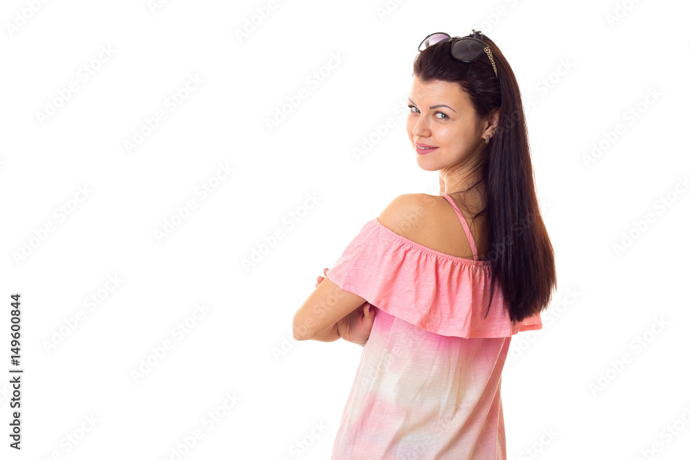 Woman in pink dress with sunglasses Woman in pink dress with sunglasses