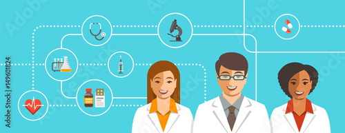 Doctors team with medical icons. Health care flat vector background. Professional hospital services concept. Medical staff smiling faces. Young man therapist with female physicians