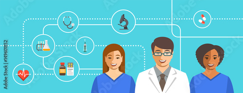 Young man doctor with nurses and medical icons. Health care flat vector background. Professional hospital services concept. Medical personnel smiling faces. Therapist with female nursing staff
