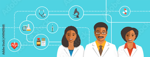 Black doctors team with medical icons. Health care flat vector background. Professional hospital services concept. Medical staff smiling faces. African american man therapist with female physicians