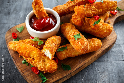 Stampa su tela Crispy Halloumi cheese sticks Fries with Chili sauce for dipping.