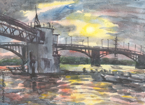 Bridge at sunset. Watercolor painting