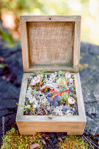 Wedding rings in a decorative box. Natural wedding decor.