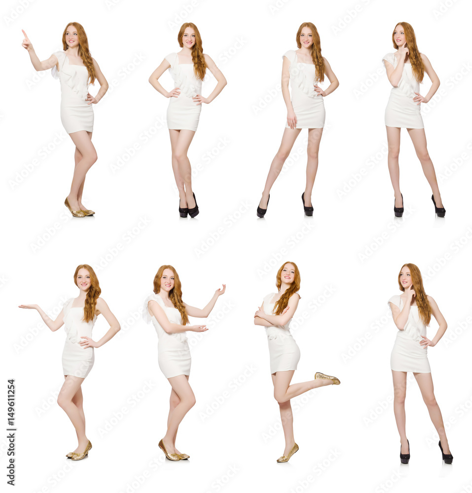 Woman pressing virtual button isolated on white