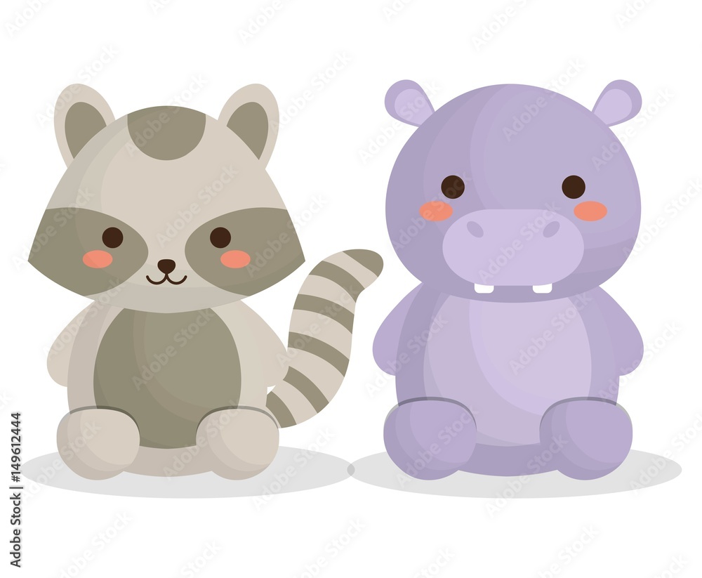 cute raccoon and hippopotamus animals icon over white background. colorful design. vector illustration cute raccoon and hippopotamus animals icon over white background. colorful design. vector illustration