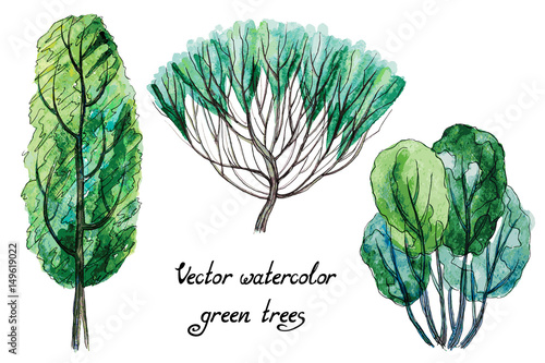 Vector set of hand drawn watercolor pictorial green trees, isolated on the white background for your landscape design
