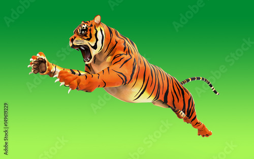 Fototapeta Naklejka Na Ścianę i Meble -  Dangerous Bengal Tiger roaring and jumping isolated on green background, with clipping path, 3d digital rendered model