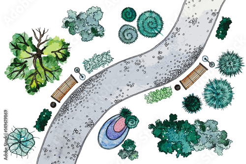 Vector set of hand drawn watercolor pictorial landscape design elements. Different types of green trees,shrubs,lanterns,benches and snaky sidewalk,isolated on the white background for landscape design