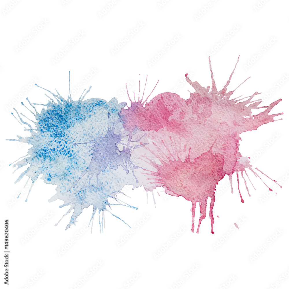 Vector watercolor hand drawn light blue and pink grunge stains with splashes, isolated on the white background