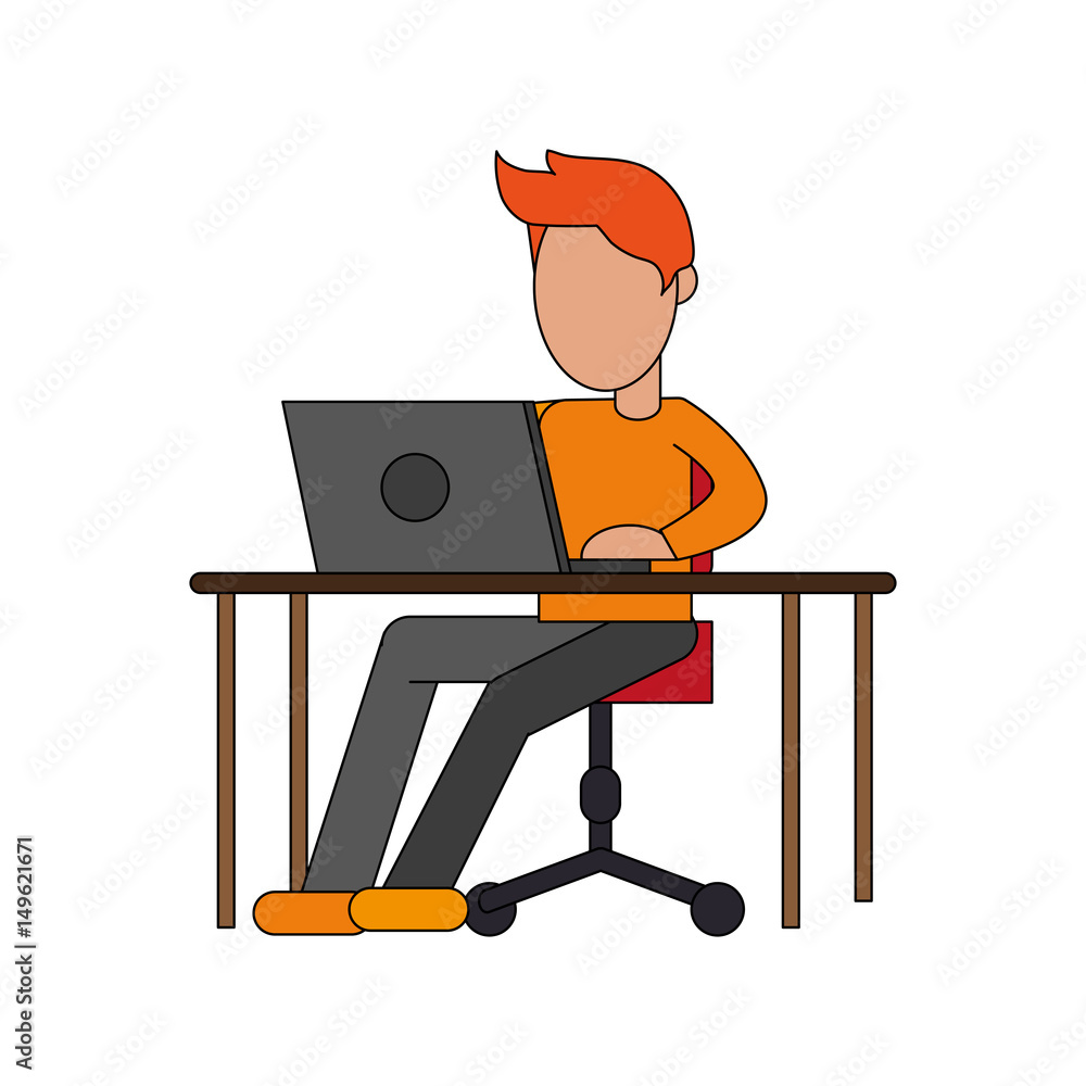 color image cartoon faceless man sitting in desk with laptop computer  vector illustration Stock Vector | Adobe Stock