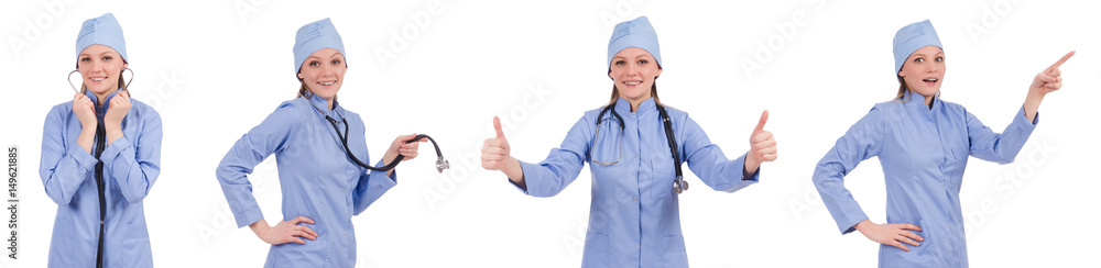 Woman doctor pressing virtual button Woman doctor pressing virtual button