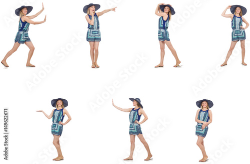 Collage of woman with panama hat isolated on white