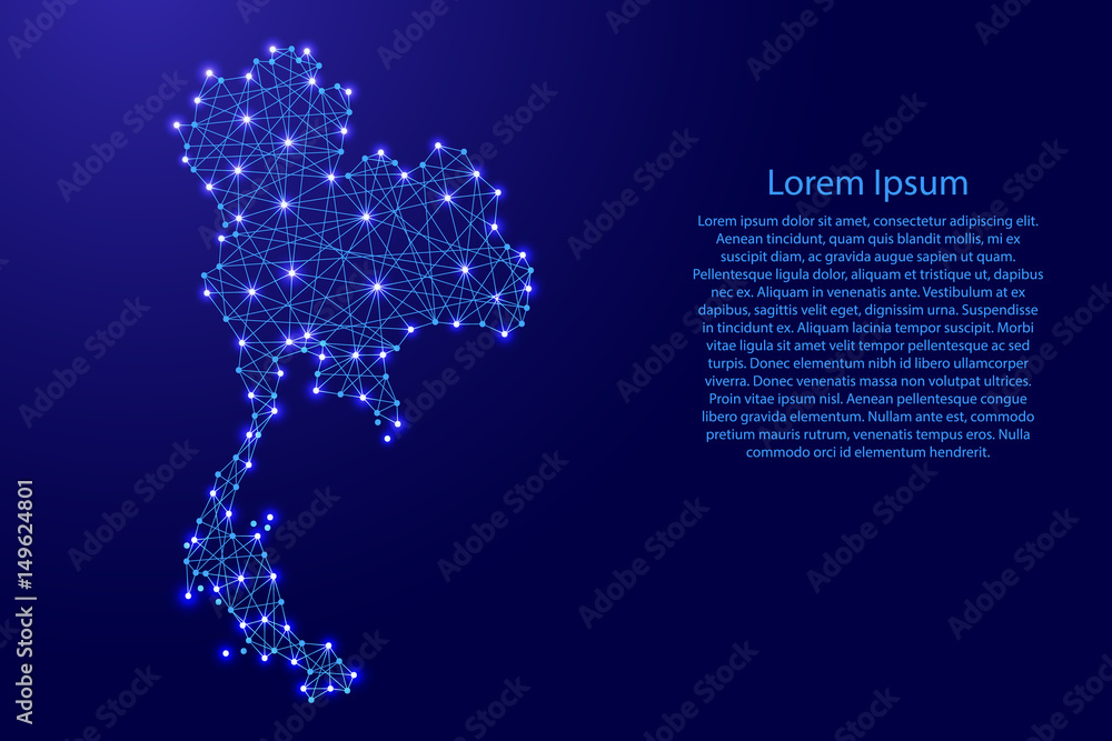 Map of Thailand from polygonal blue lines and glowing stars vector illustration Map of Thailand from polygonal blue lines and glowing stars vector illustration