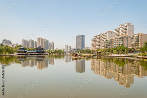 The artificial lake of the Yantan Park in Lanzhou (China)