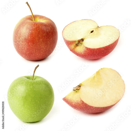Red and green Apple with slices on white background