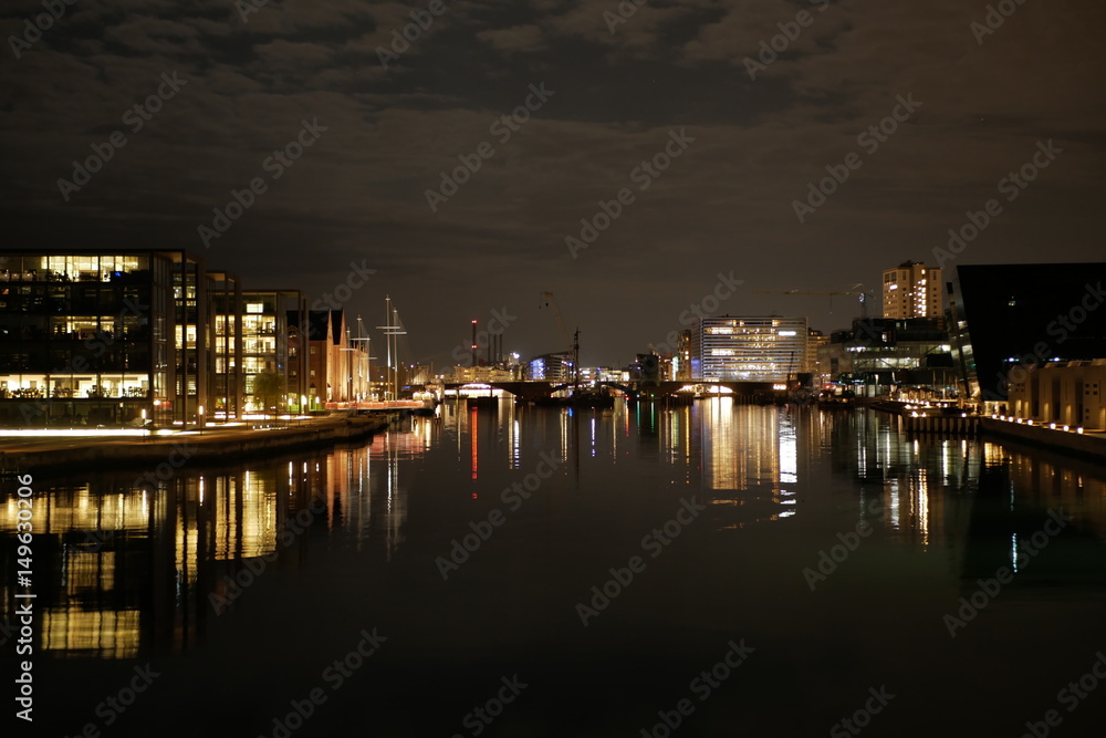 Copenhagen Harbour Night Shot - Night City background with copy space for text or image