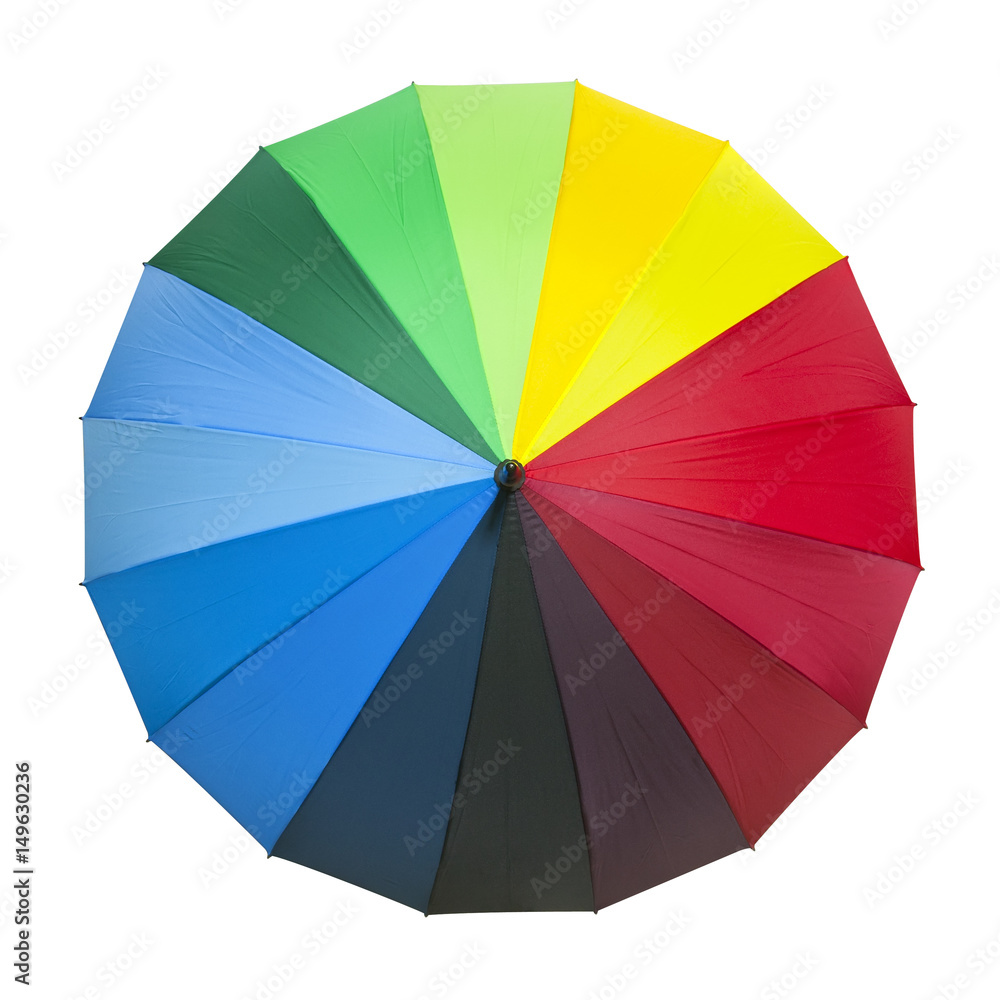 rainbow umbrella red green blue yellow orange purple black color for rain and sun protect on white background and top view with isolated included clipping path