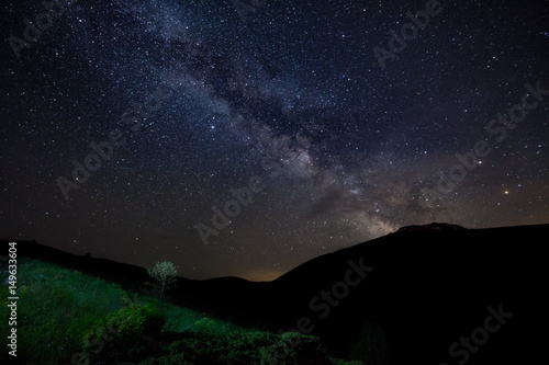 Starry sky with Milky way and silhouette of mountains, green grass and bushes on foreground