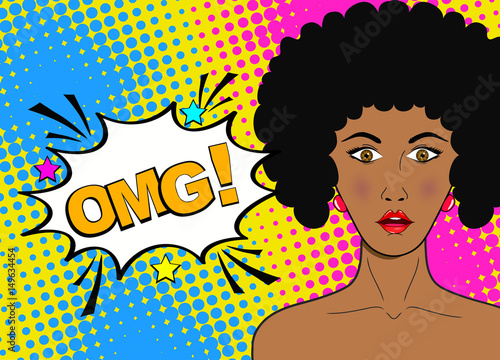 Wow pop art female face. Sexy surprised young african woman with open mouth and afro hairstyle and OMG! speech bubble. Vector bright background in pop art retro comic style.