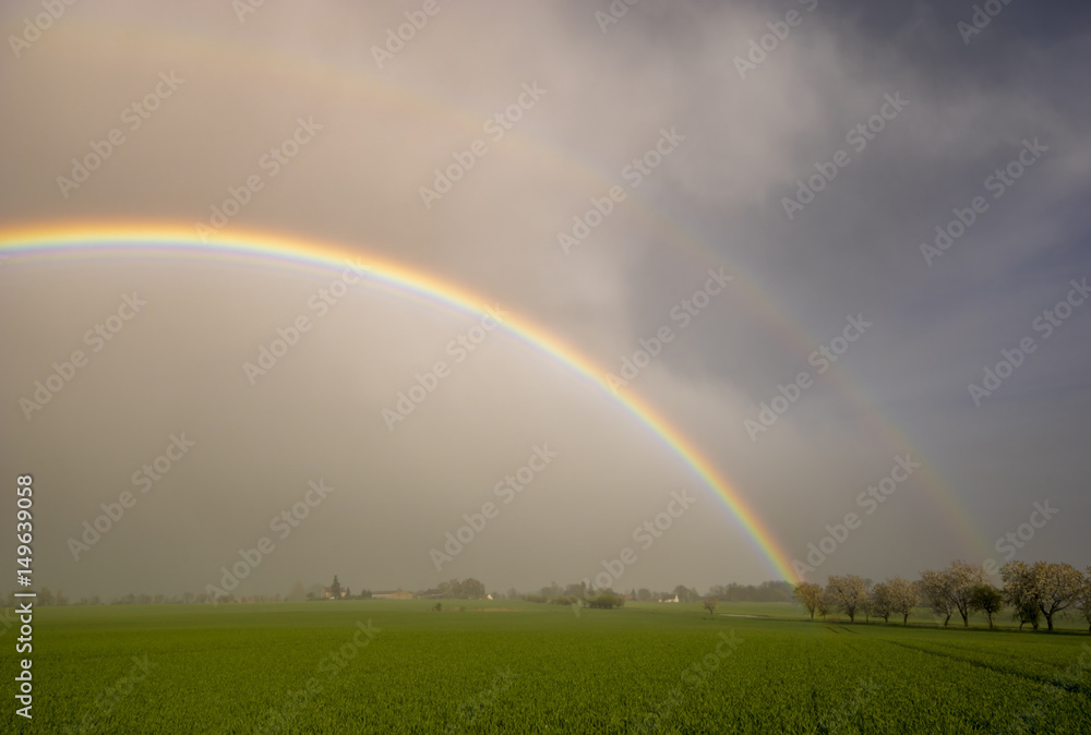Rainbow in the sky above the spring field after the storm Rainbow in the sky above the spring field after the storm
