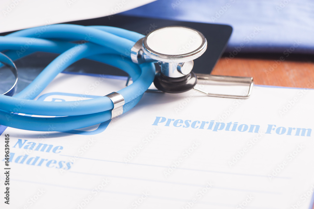 RX prescription form and stethoscope RX prescription form and stethoscope