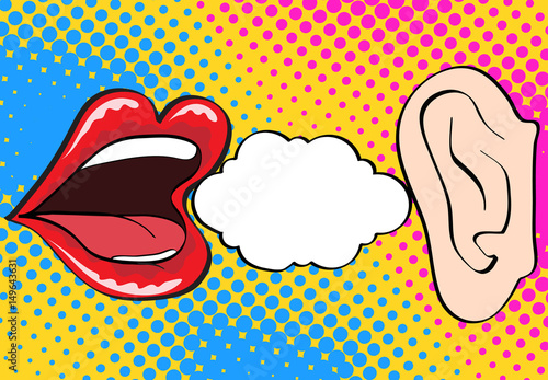 Woman lips whispering in mans ear drawing vector illustration