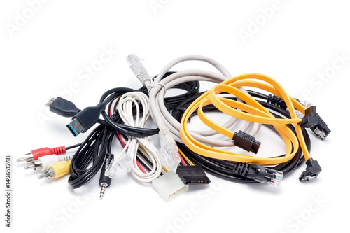 various connection cables with plugs and sockets on white background