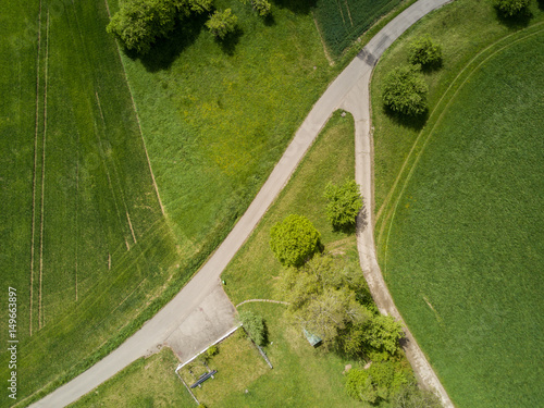 Aerial view of path intersection